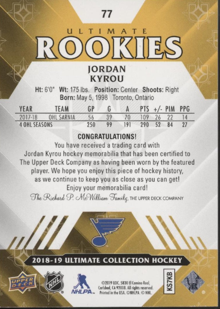 Jordan Kyrou 2018-19 Upper Deck Ultimate Collection Swatch RC 016/399 #77