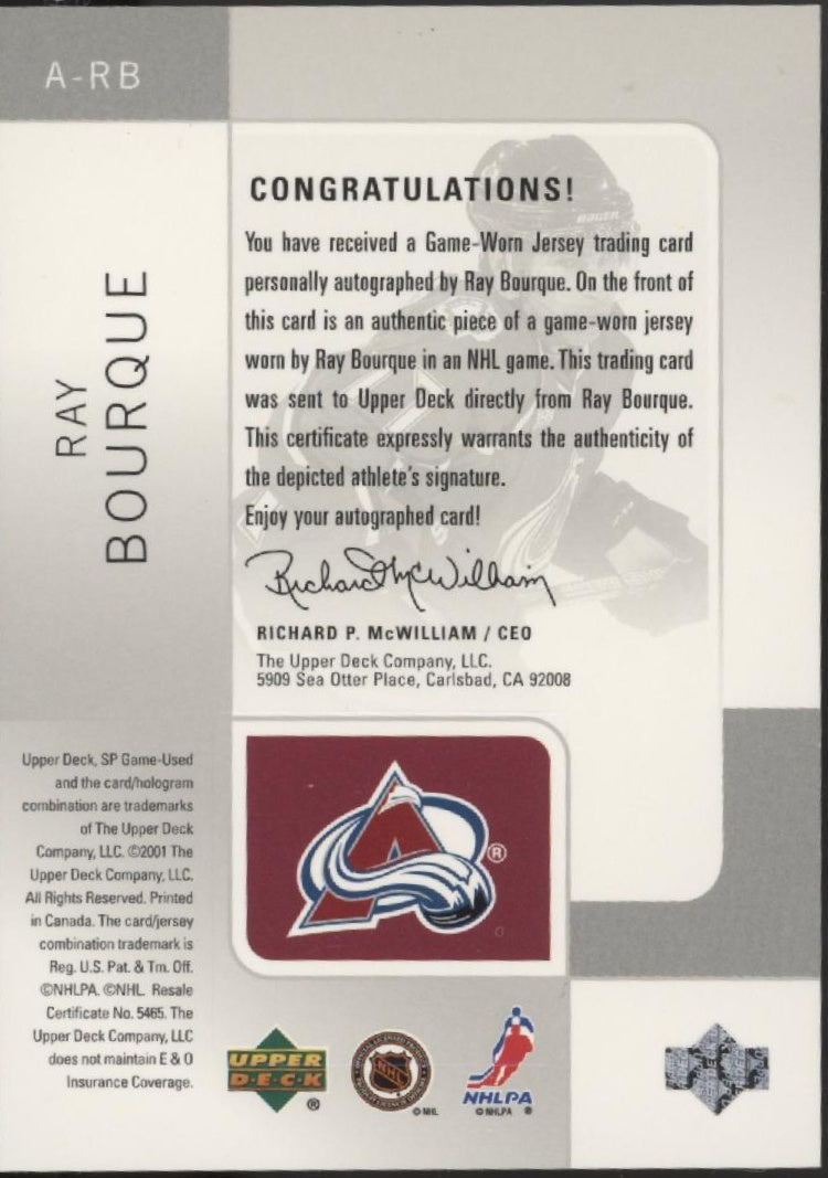 Ray Bourque 2000-01 UD SP Game Used Tools of the Game Swatch Auto 061/100