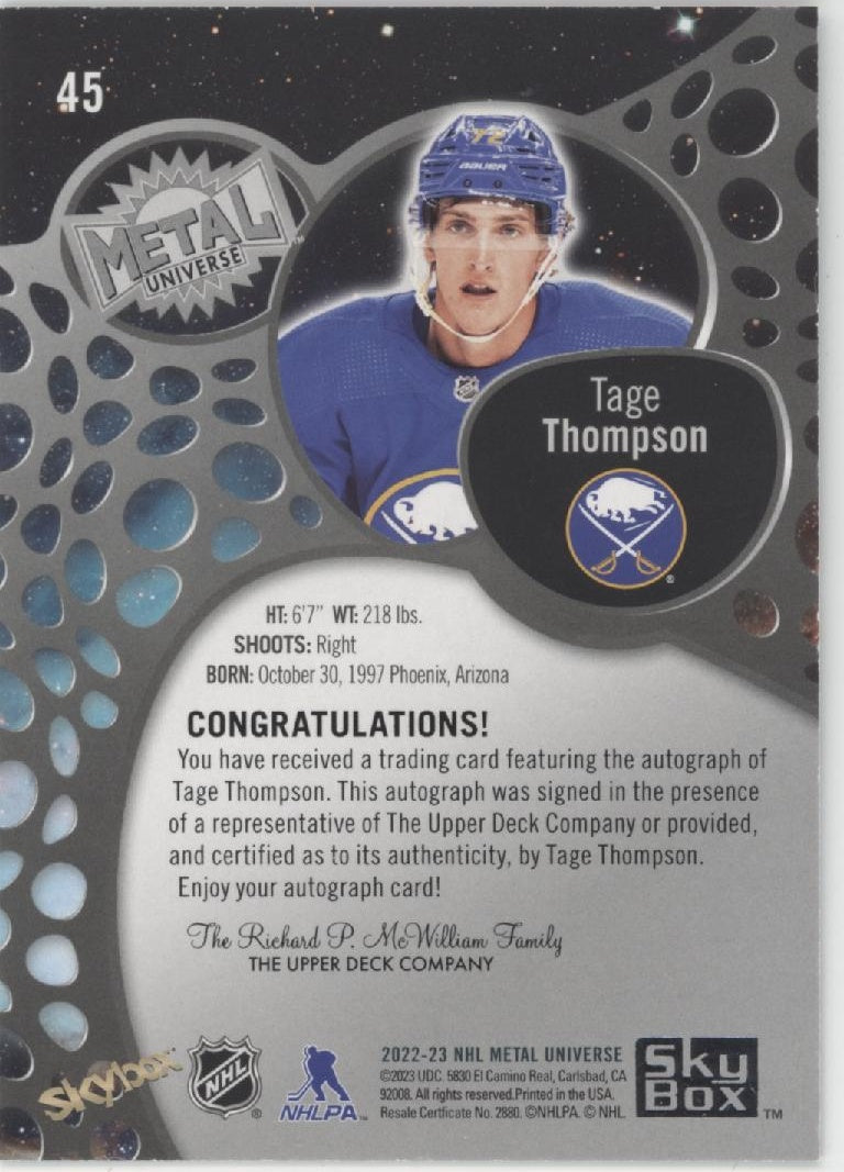 Tage Thompson 2022-23 Skybox Metal Universe Auto #45