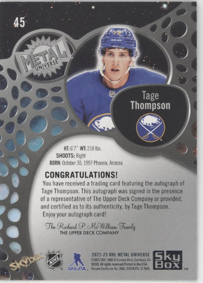 Tage Thompson 2022-23 Skybox Metal Universe Auto #45
