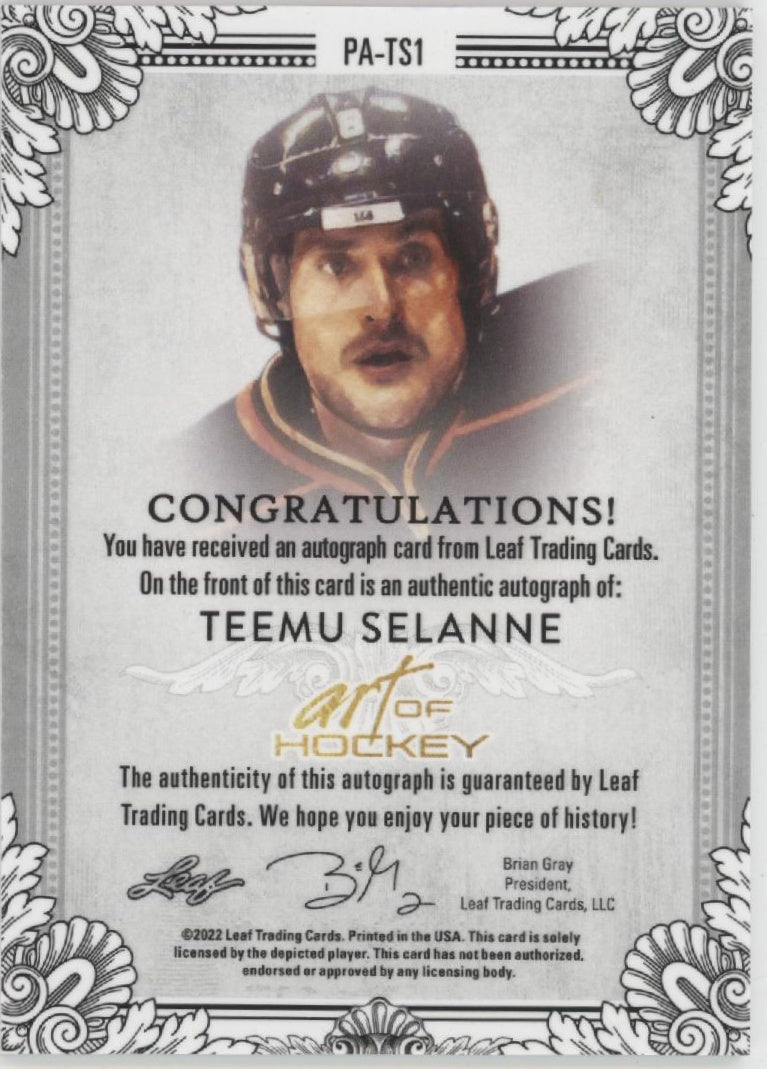 Teemu Selanne 2022 Leaf Art of Hockey Auto 26/40 #PA-TS1