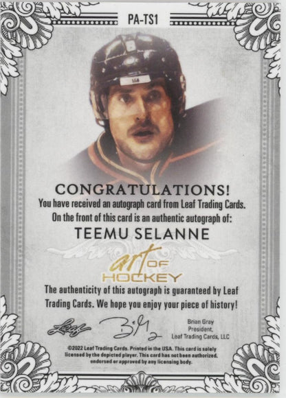 Teemu Selanne 2022 Leaf Art of Hockey Auto 26/40 #PA-TS1
