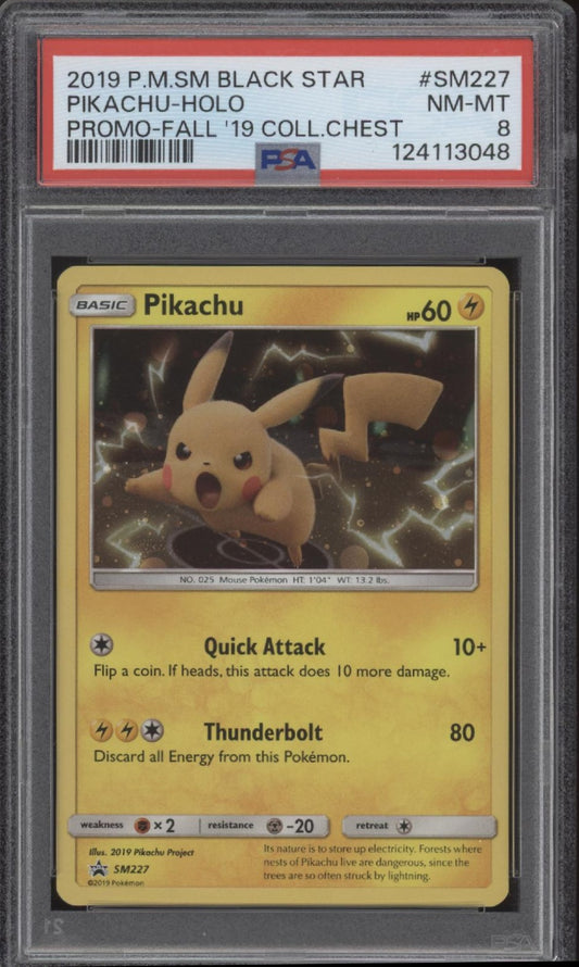 Pikachu Pokemon Fall '19 Collectors Chest Tin Black Star Promo Holo #SM227 PSA 8