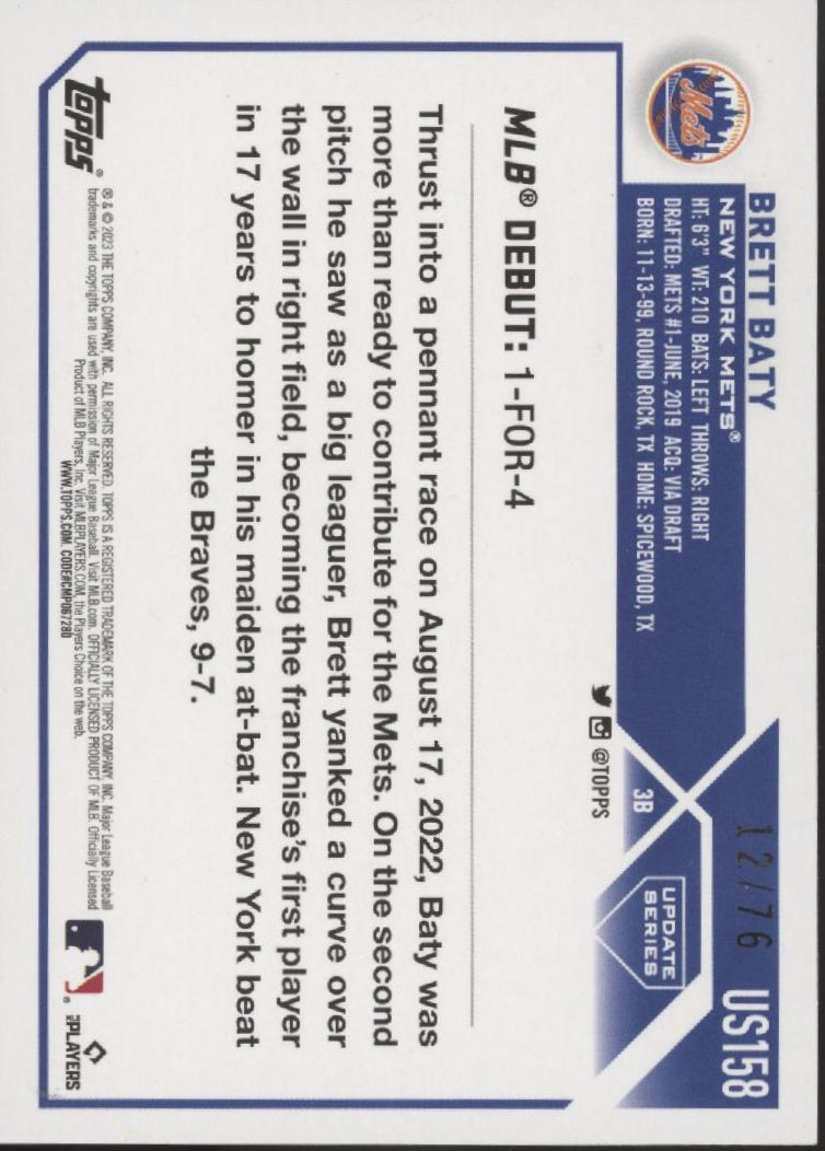 Brett Baty 2023 Topps Update Series Independence Day RC 12/76 #US158