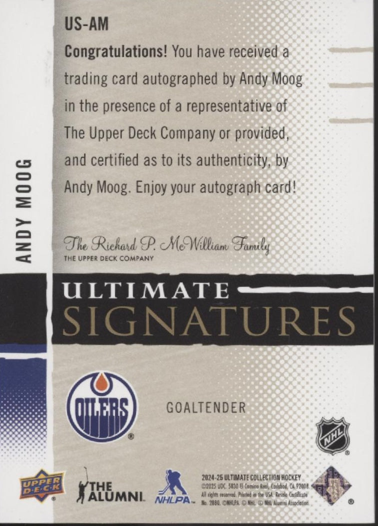 Andy Moog 2024-25 Upper Deck Ultimate Collection Signatures Auto #US-AM