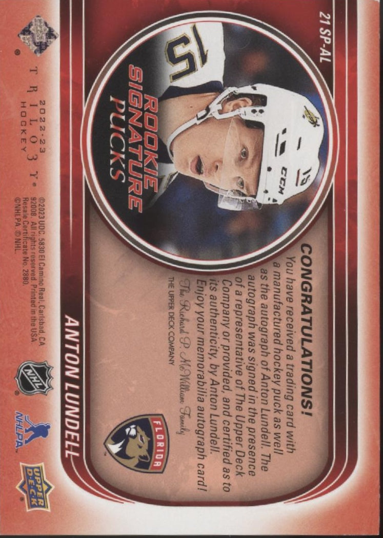 Anton Lundell 2022-23 Upper Deck Trilogy Rookie Signature Pucks Auto #SP-AL