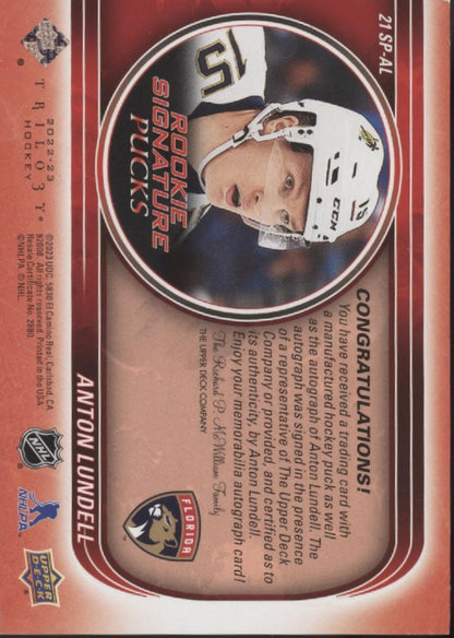 Anton Lundell 2022-23 Upper Deck Trilogy Rookie Signature Pucks Auto #SP-AL