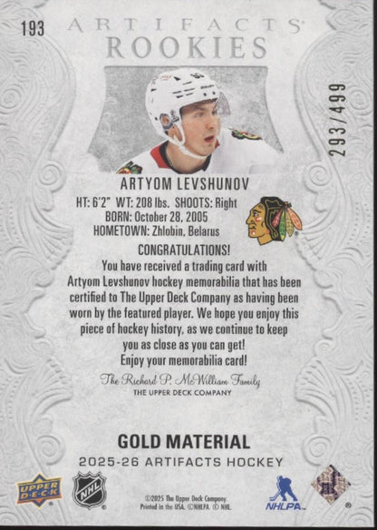 Artyom Levshunov 2025-26 Upper Deck Artifacts Gold Material Swatch RC 293/499