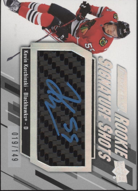 Kevin Korchinski 2023-24 UD Engrained Rookie Signature Shots Relic Auto 019/149