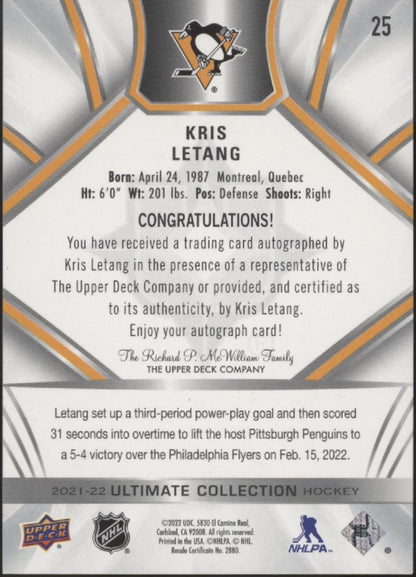 Kris Letang 2021-22 Upper Deck Ultimate Collection Auto #25