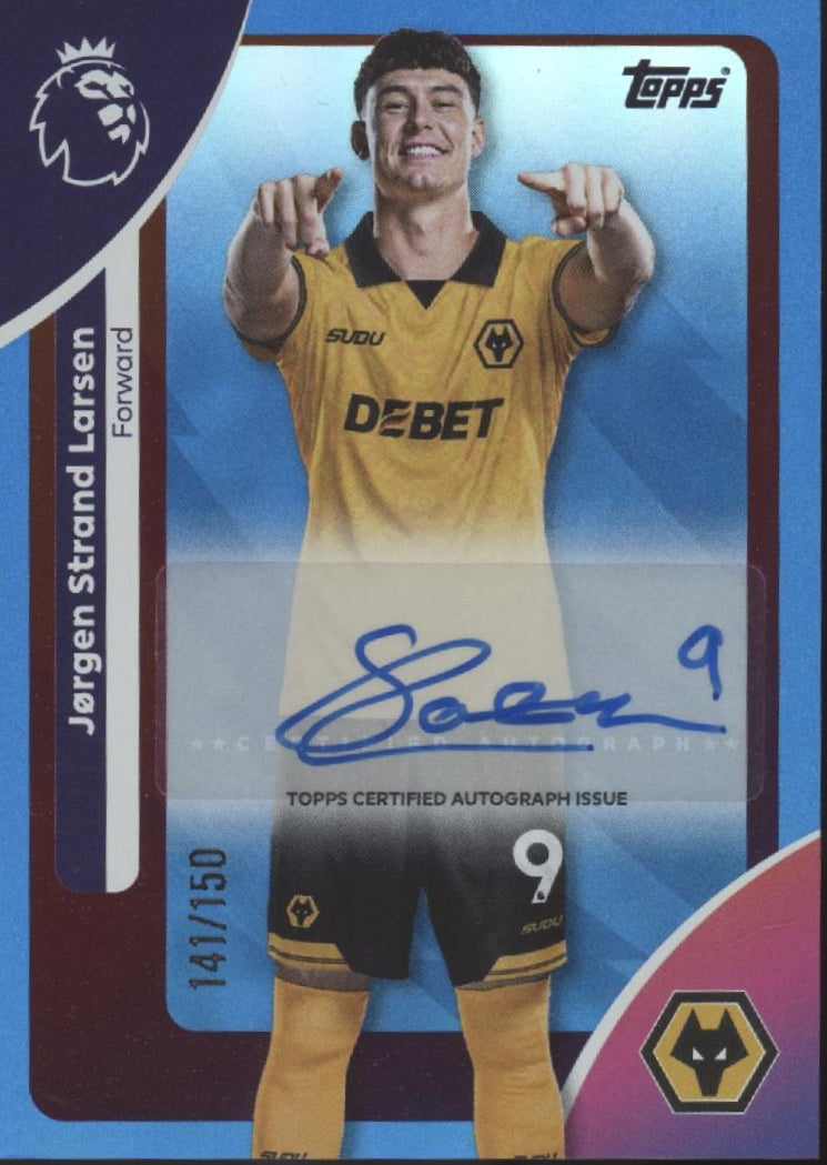 Jorgen Strand Larsen 2025-26 Topps Premier League Blue Holo Auto 141/150