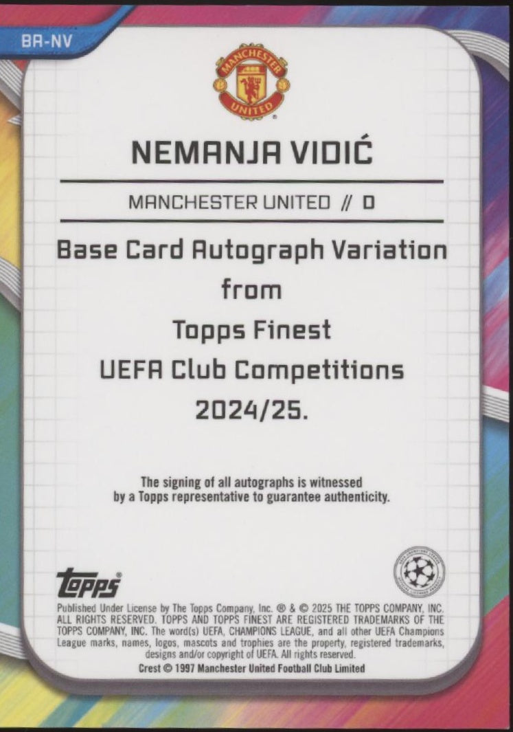 Nemanja Vidic 2024-25 Topps Finest UEFA CC Pink Refractor Auto 19/75 #BA-NV