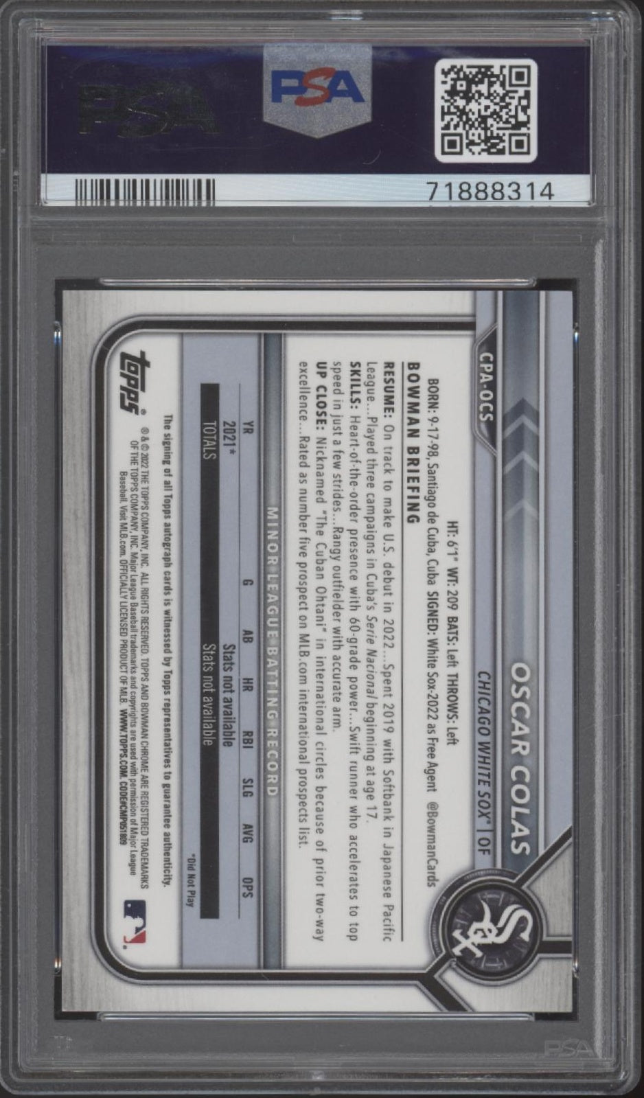 Oscar Colas 2022 Bowman Chrome Prospects Green Shimmer Refractor Auto /99 PSA 9