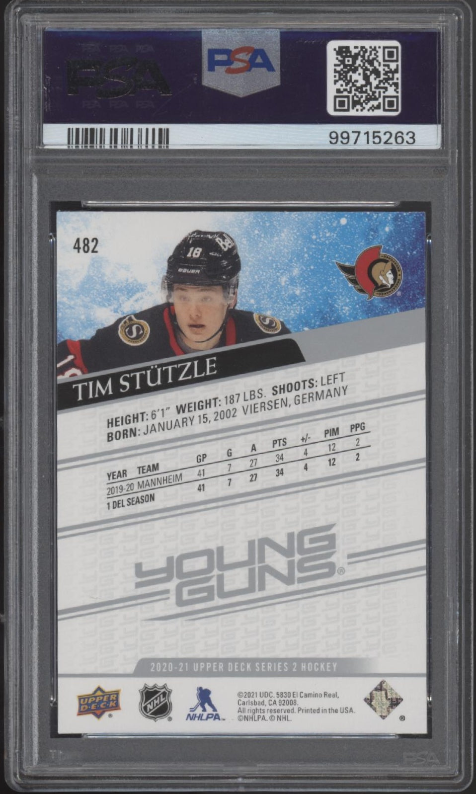 Tim Stutzle 2020-21 Upper Deck Series 2 Young Guns RC #482 PSA 10