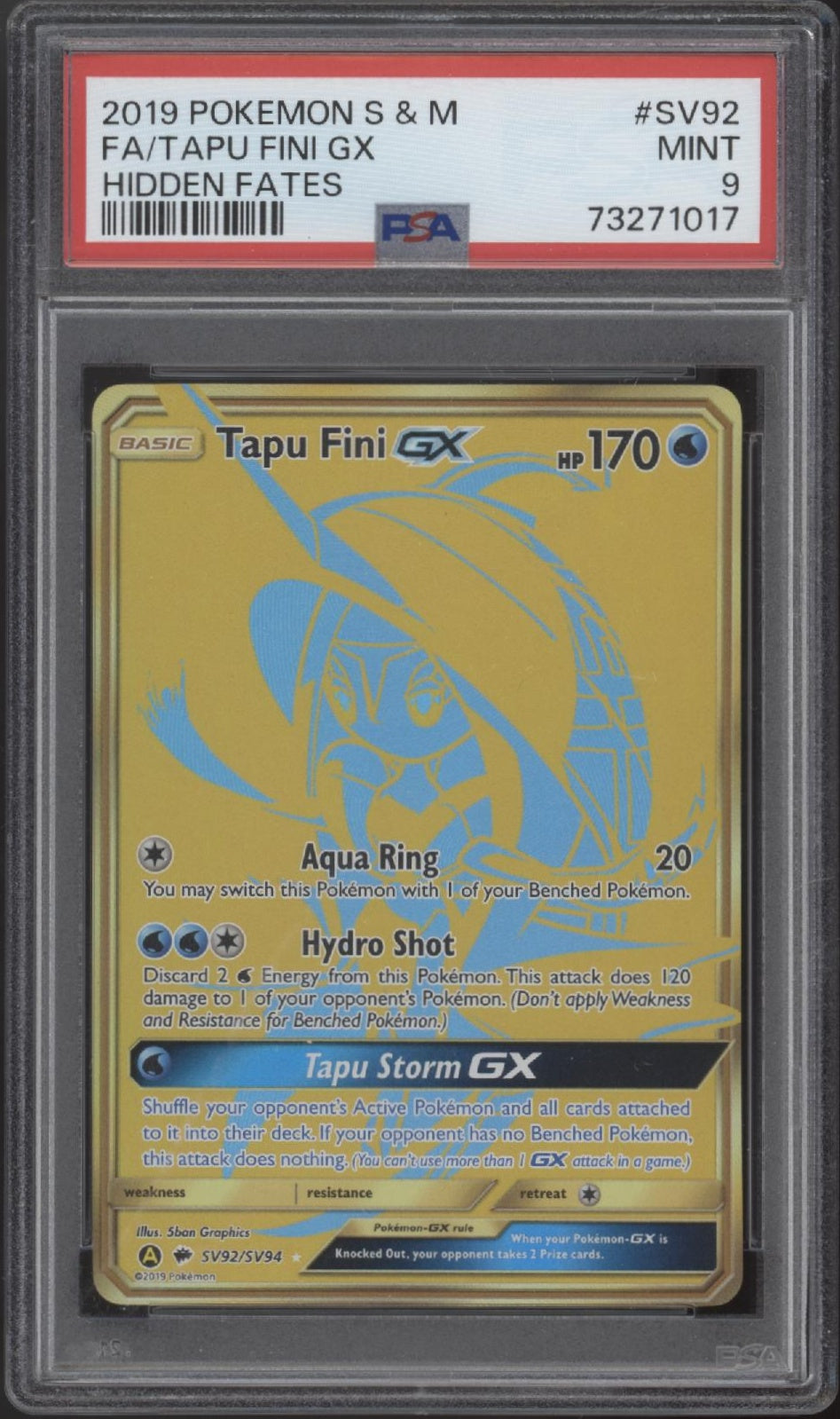 Tapu Fini GX Pokemon Hidden Fates Full Art #SV92 PSA 9