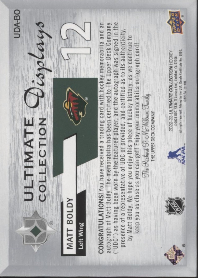 Matt Boldy 2022-23 Upper Deck Ultimate Collection Displays Swatch Auto 89/99