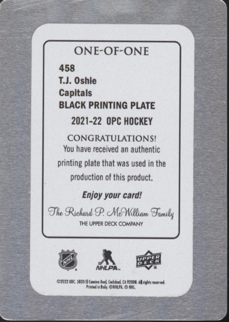 TJ Oshie 2021-22 Upper Deck O-Pee-Chee Black Printing Plate One of One #458