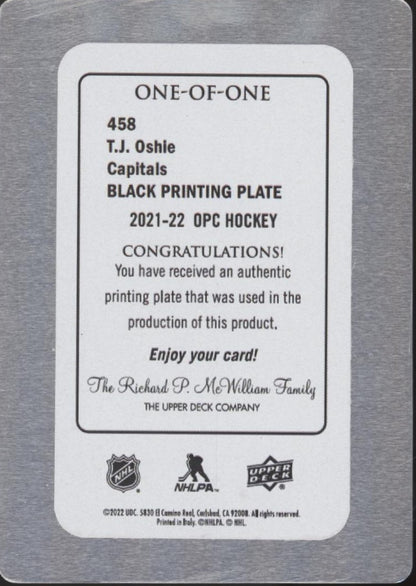TJ Oshie 2021-22 Upper Deck O-Pee-Chee Black Printing Plate One of One #458