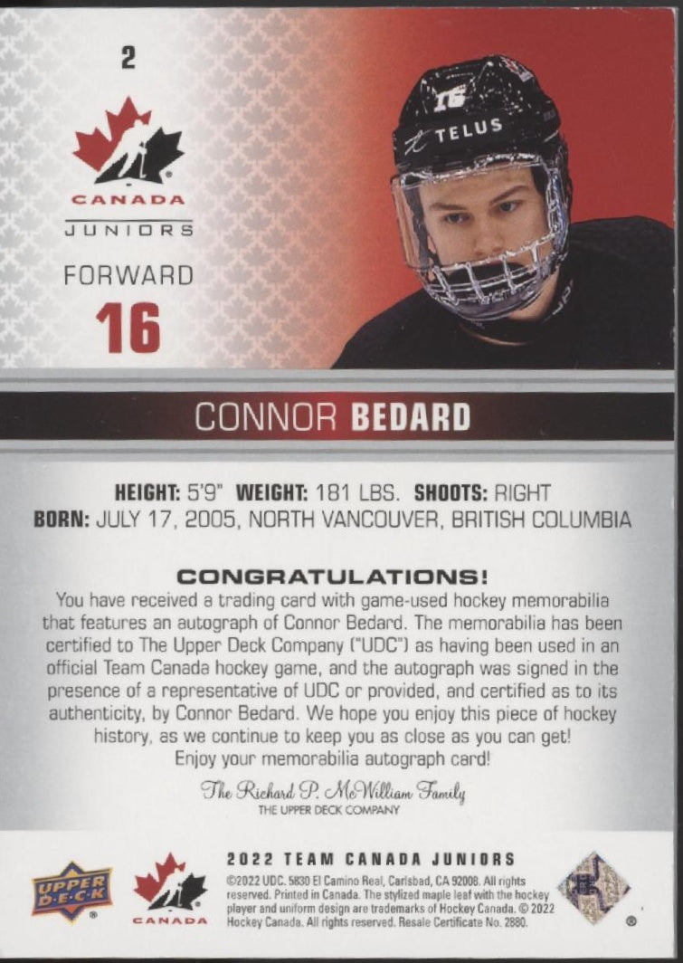 Connor Bedard 2022 Upper Deck Team Canada Juniors Premium Material Auto 038/125