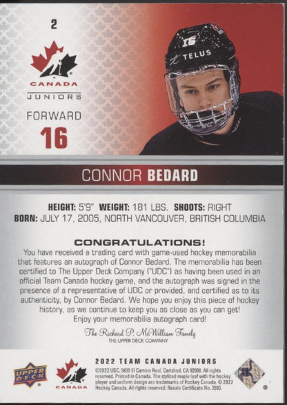Connor Bedard 2022 Upper Deck Team Canada Juniors Premium Material Auto 038/125