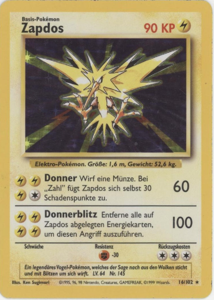 1999 zapdos pokemon card Base Set Holo German #16 Style:Reverse Holo Printing_Normal Zapdos does 30 damage Psyduck 262/SV-P Gym Promo