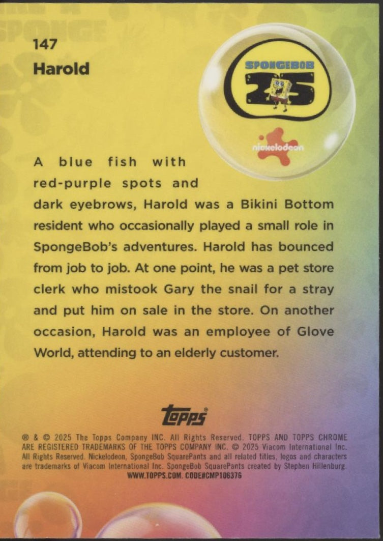 Harold 2025 Topps Chrome Spongebob Squarepants Blue Refractor 112/150 #147