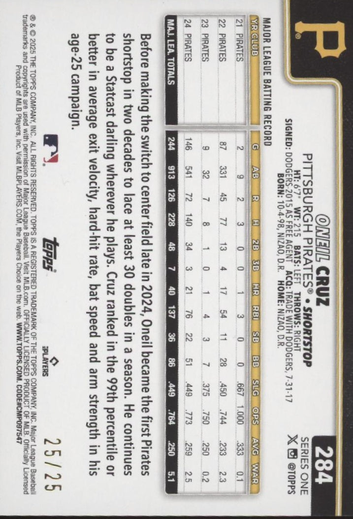 Oneil Cruz 2025 Topps Series 1 Orange Holo 25/25 #284