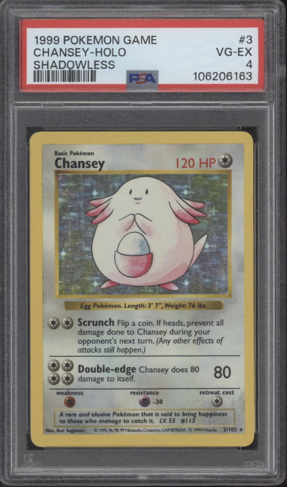 Chansey Pokemon Base Set Holo Shadowless #3 PSA 4