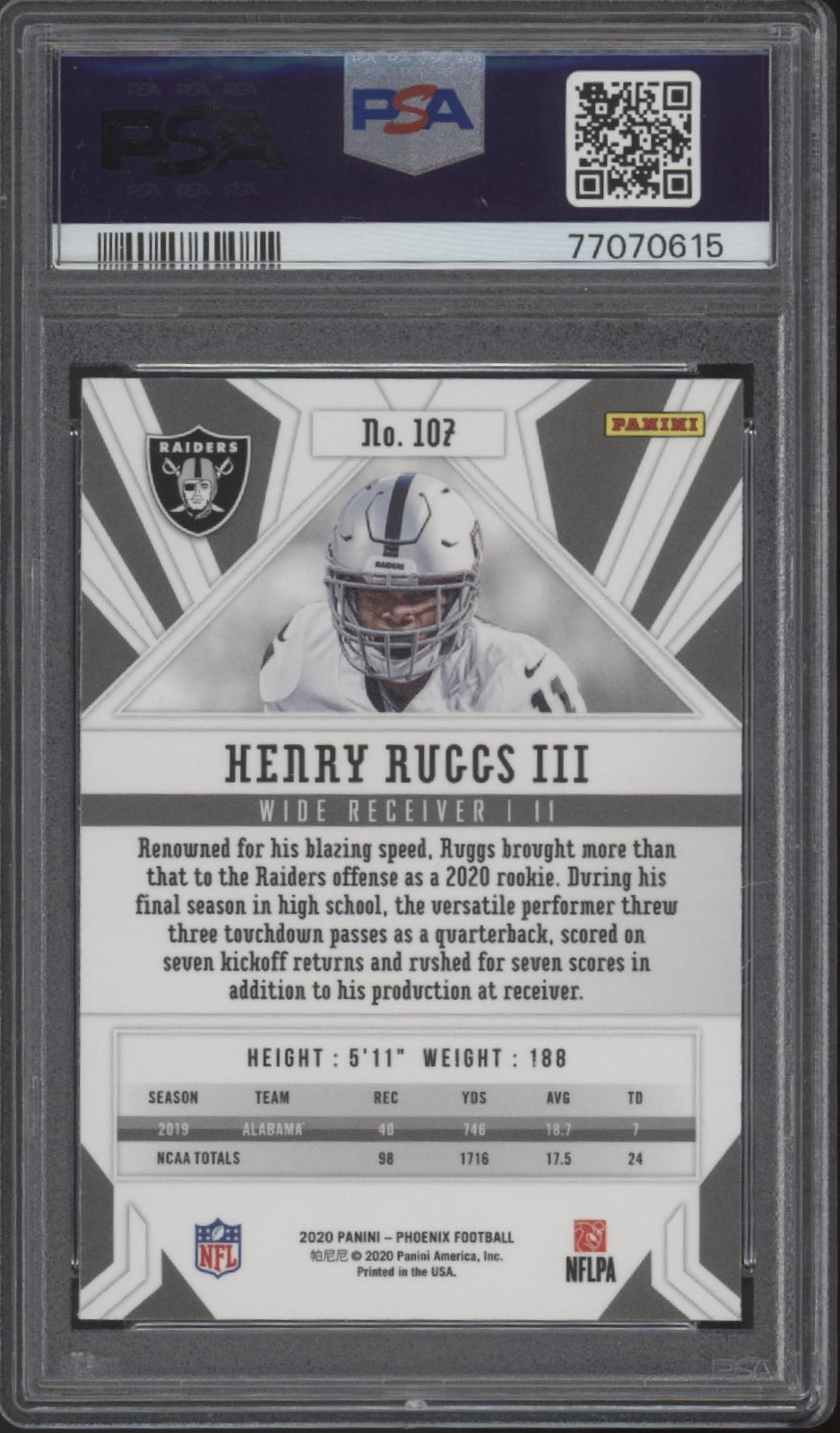 Henry Ruggs III 2020 Panini Phoenix Fire Burst RC #107 PSA 10