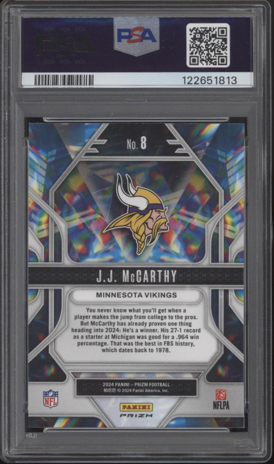 JJ MCCarthy 2024 Panini Prizm Prizmatic Green Wave Prizm RC #8 PSA 9