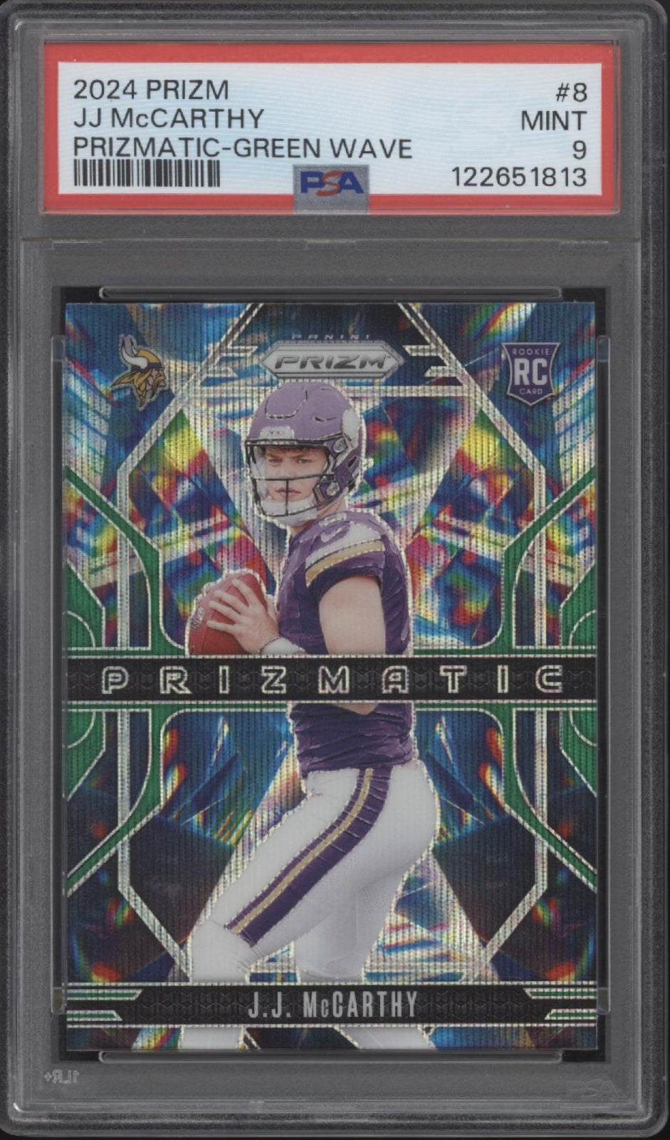 JJ MCCarthy 2024 Panini Prizm Prizmatic Green Wave Prizm RC #8 PSA 9