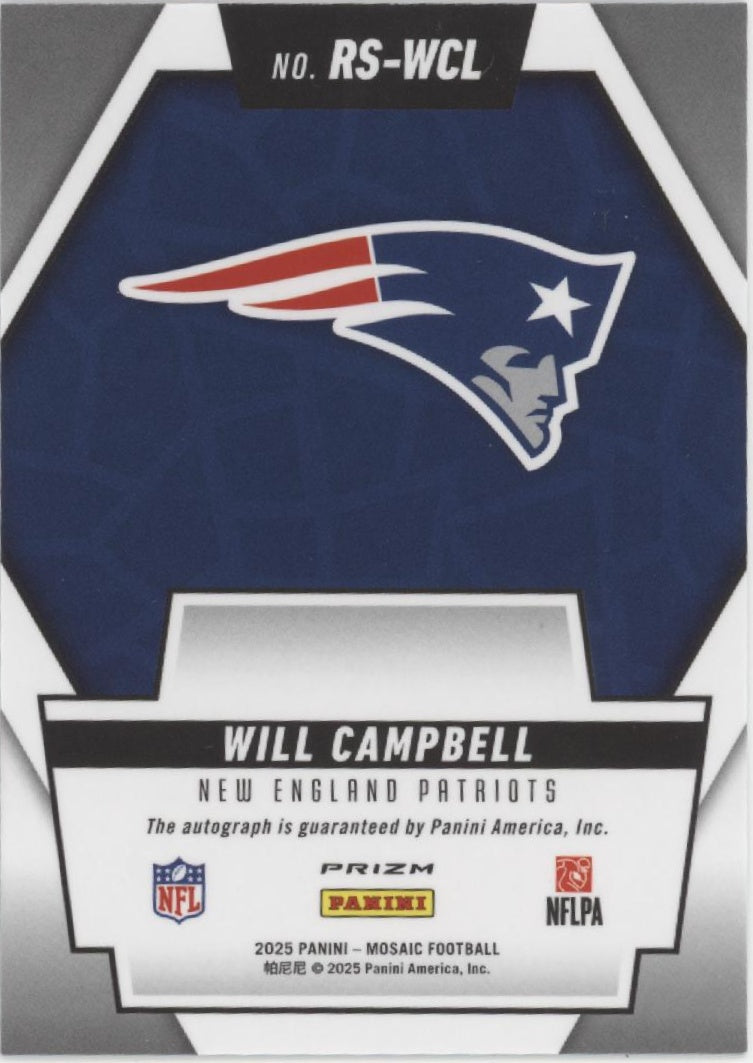 Will Campbell 2025 Panini Mosaic Rookie Scripts Prizm RC Auto#RS-CL