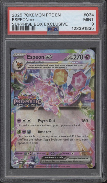 Espeon ex Pokemon Prismatic Evolutions Surprise Box Exclusive #034 PSA 9
