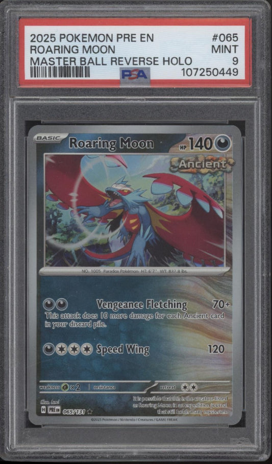 Roaring Moon Prismatic Evolutions Master Ball Reverse Holo #065 PSA 9