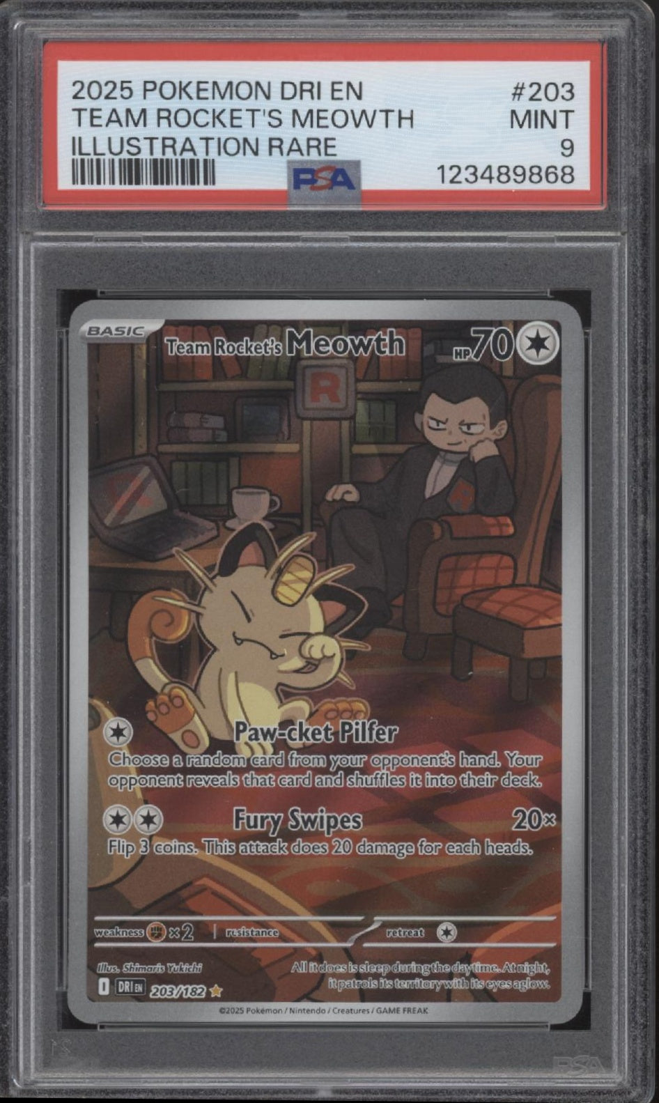 Team Rocket's Meowth Pokemon Destined Rivals Illustration Rare #203 PSA 9