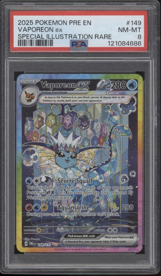 Vaporeon ex Pokemon Prismatic Evolutions Special Illustration Rare #1499 PSA 8