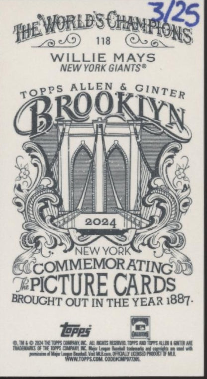 Willie Mays 2024 Topps Allen & Ginter Mini Commemorating Picture Card 3/25 #118
