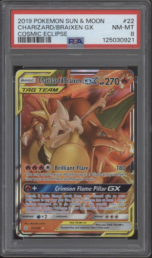 Charizard & Braixen GX Pokemon Cosmic Eclipse #22 PSA 8