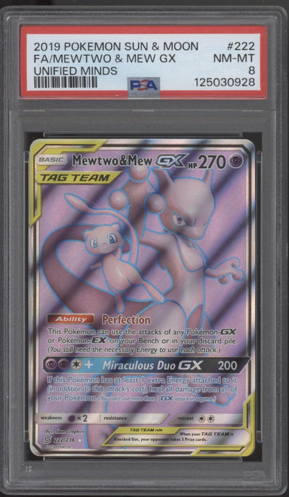 Mewtwo & Mew GX Pokemon Unified Minds Full Art #222 PSA 8