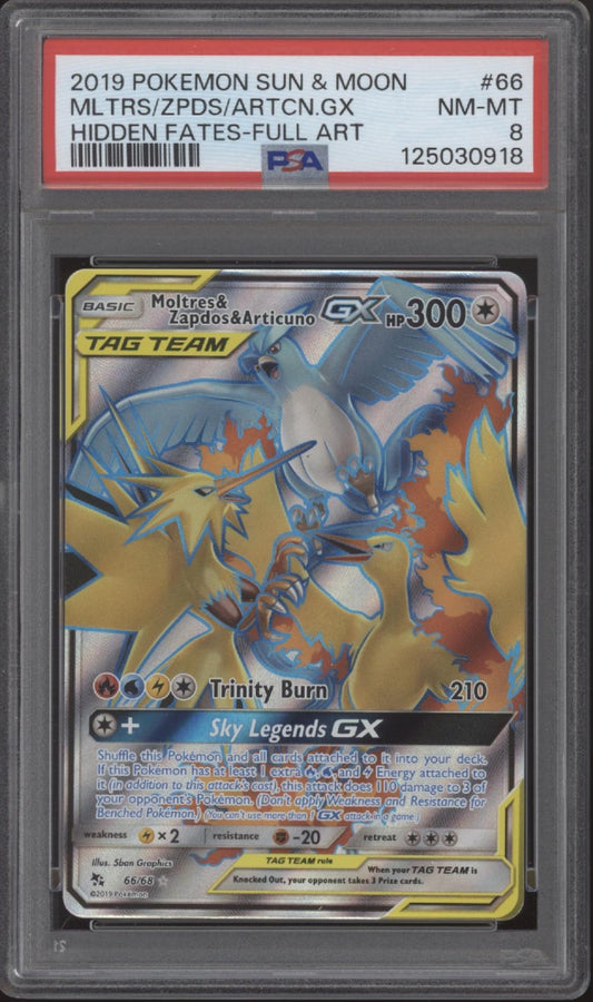 Moltres & Zapdos & Articuno GX Pokemon Hidden Fates Full Art #66 PSA 8