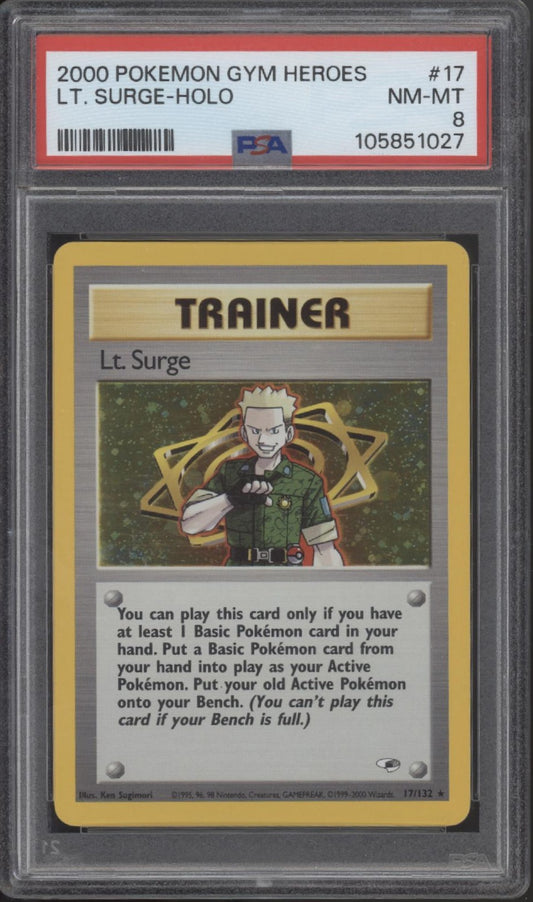 Lt. Surge Pokemon Gym Heroes Holo #17 PSA 8