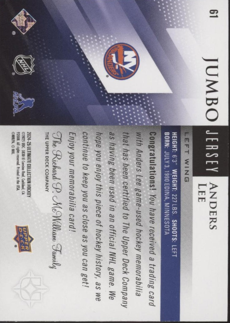 Anders Lee 2024-25 Upper Deck Ultimate Collection Jumbo Jersey Swatch 068/499