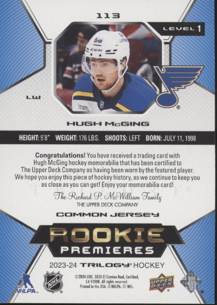Hugh McGing 2023-24 UD Trilogy Rookie Premieres Level 1 Swatch RC 115/499