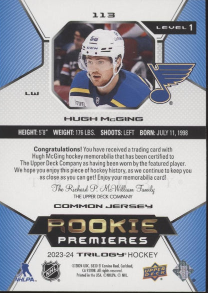 Hugh McGing 2023-24 UD Trilogy Rookie Premieres Level 1 Swatch RC 115/499