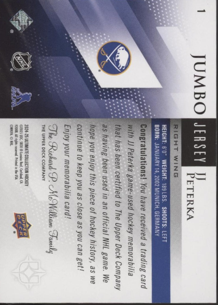 JJ Peterka 2024-25 Upper Deck Ultimate Collection Jumbo Jersey Swatch 033/199