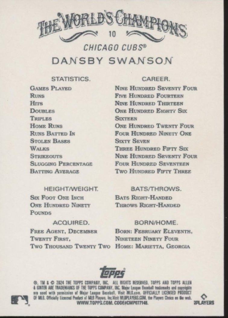 Dansby Swanson 2024 Topps Allen & Ginter Gold Foil Border 33/50 #10