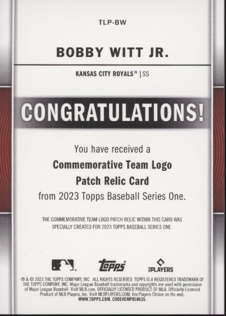 Bobby Witt Jr. 2023 Topps Series 1 Commemorative Team Logo Patch #TLP-BW