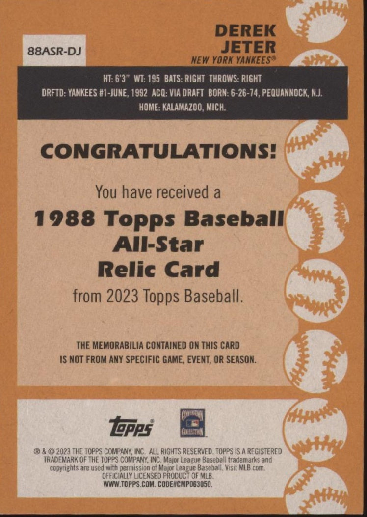 Derek Jeter 2023 Topps 1988 All-Star Swatch #88ASR-DJ
