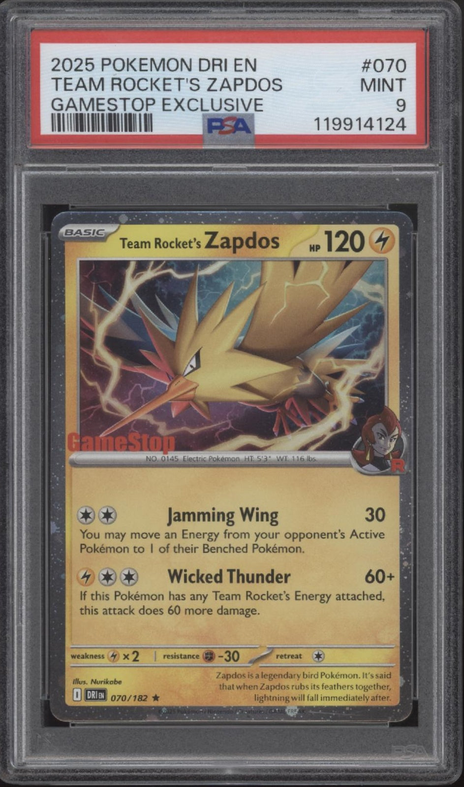Team Rocket's Zapdos Pokemon Destined Rivals GameStop Exclusive #070 PSA 9