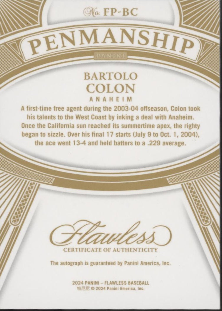 Bartolo Colon 2024 Panini Flawless Penmanship Blue Auto 02/15 #FP-BC
